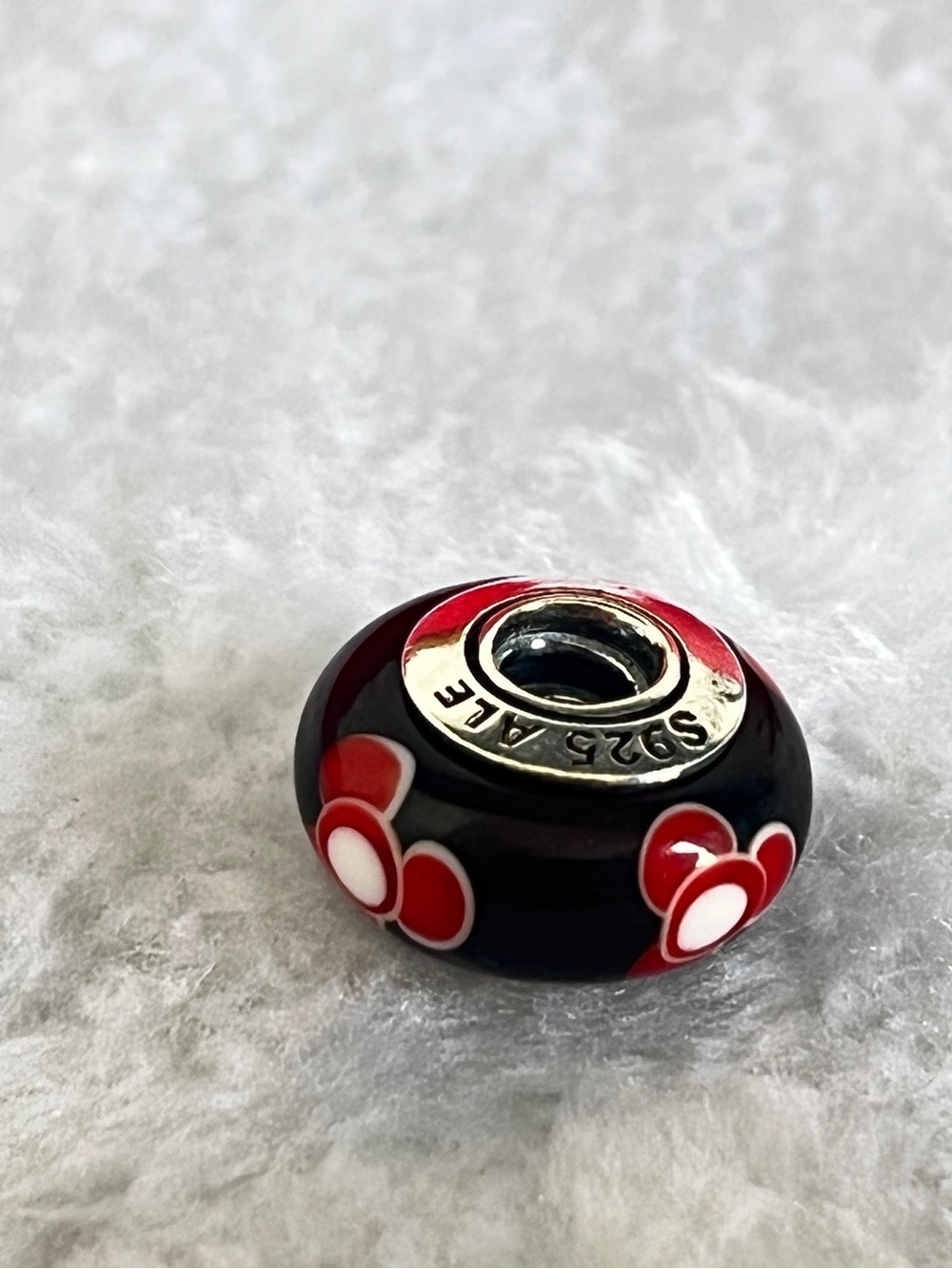 Pandora Black Glass Bead Charm with Red & White Flower Accents
